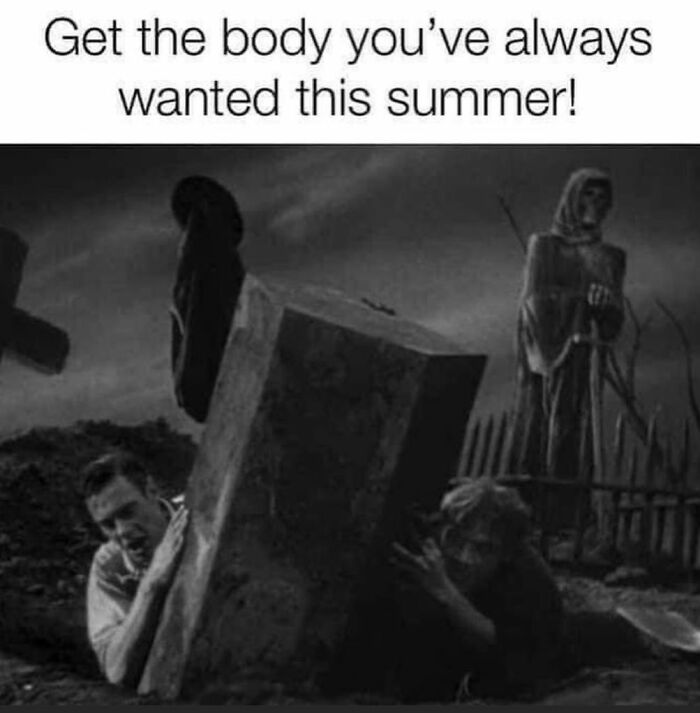 Creepy but funny meme showing two people struggling to lift a tombstone in a dark graveyard scene.