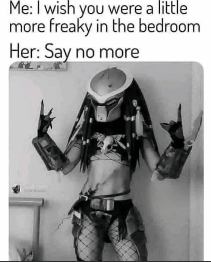 Person wearing a black creepy Predator costume and fishnet stockings showing humor with a freaky bedroom meme.