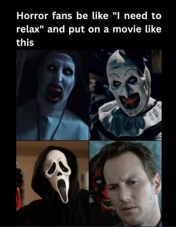 Horror fans relaxing with creepy funny memes featuring iconic scary characters and dark humor in a black-themed layout.