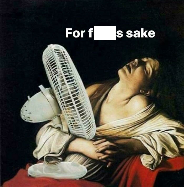 Classical painting humorously edited with a fan, highlighting chaotic British memes and relatable UK humor.