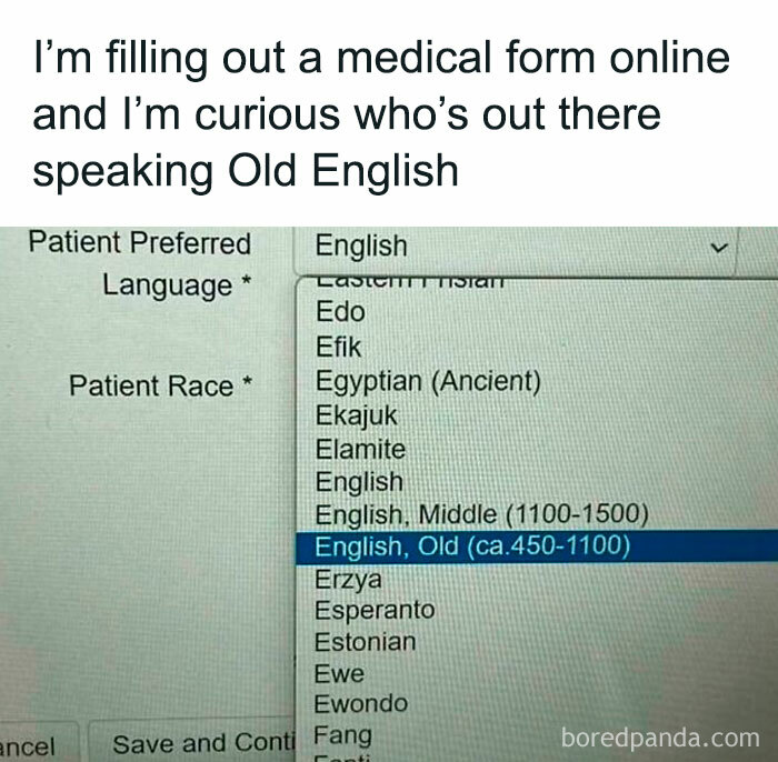 Medical form dropdown showing languages including Old English, highlighting chaotic British memes understood by people from the U.K.