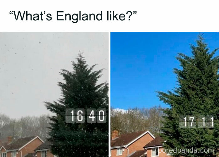 Comparison of England weather from gray and rainy to clear blue sky in chaotic British memes about UK life.