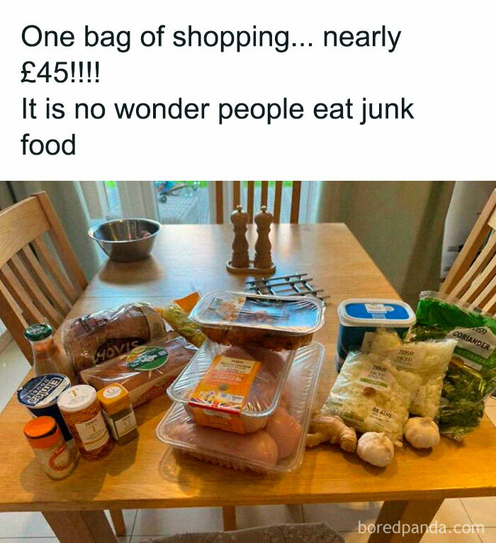 British memes showing a table with grocery items highlighting high food prices and relatable UK shopping humor.