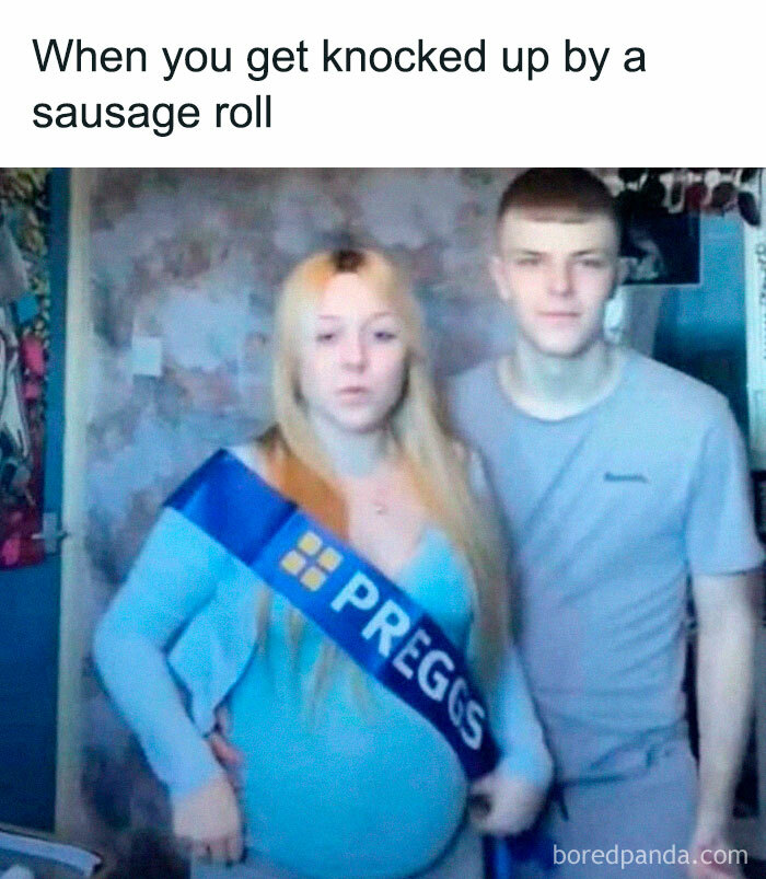 Young couple posing with a humorous pregnancy sash in a chaotic British meme about sausage rolls, UK humor style.