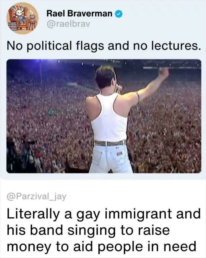 Large crowd at a concert with a band singing to raise money in a chaotic British meme referencing UK culture.