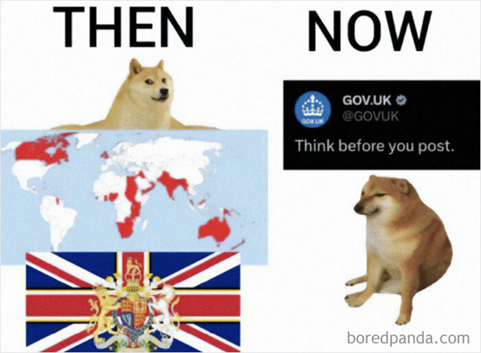 British memes featuring Doge comparing the British Empire map with a GOV.UK social media post on internet behavior.