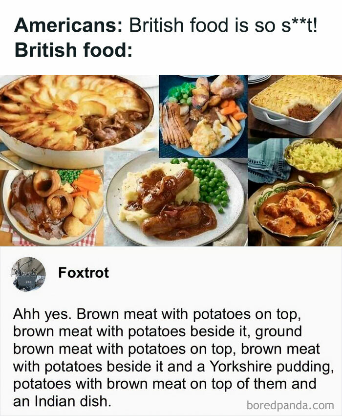 British food meme showing traditional dishes with brown meat, potatoes, peas, Yorkshire pudding, and an Indian curry plate.