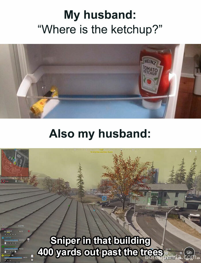 Empty fridge shelf with ketchup bottle and a video game screenshot illustrating funny and chaotic marriage memes.