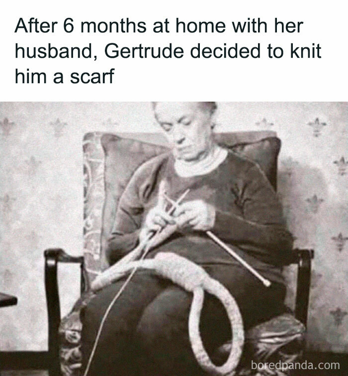 Elderly woman knitting an overly long scarf, a funny and chaotic marriage meme about humorous spouse moments.