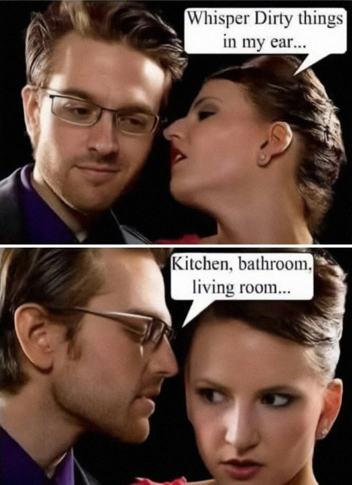 Couple sharing a funny and chaotic marriage meme about whispering dirty things as household rooms and spaces.