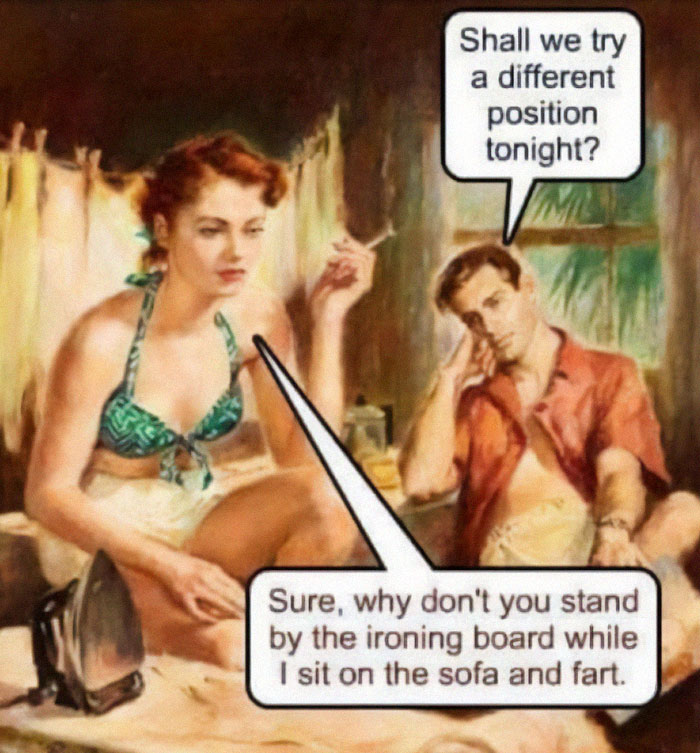 Vintage style chaotic marriage meme with a couple humorously discussing ironing and relaxing in a funny marriage meme.