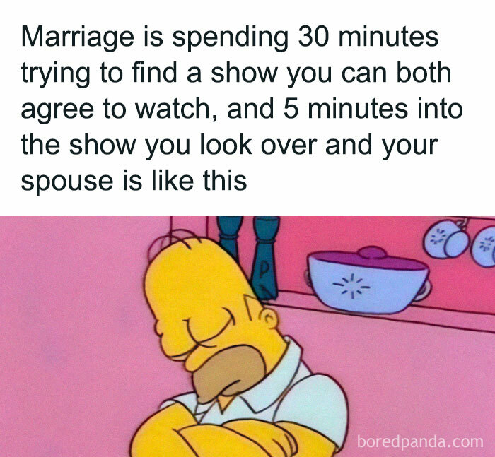Homer Simpson with arms crossed, sleeping during a TV show, illustrating funny and chaotic marriage memes.