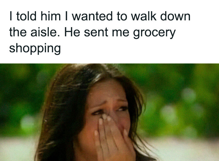 Woman covering face in disbelief with funny chaotic marriage meme about walking down the aisle and grocery shopping.