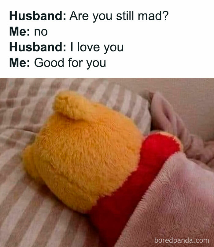 Text meme about a husband and wife conversation paired with a stuffed bear lying in bed, humorous marriage memes.