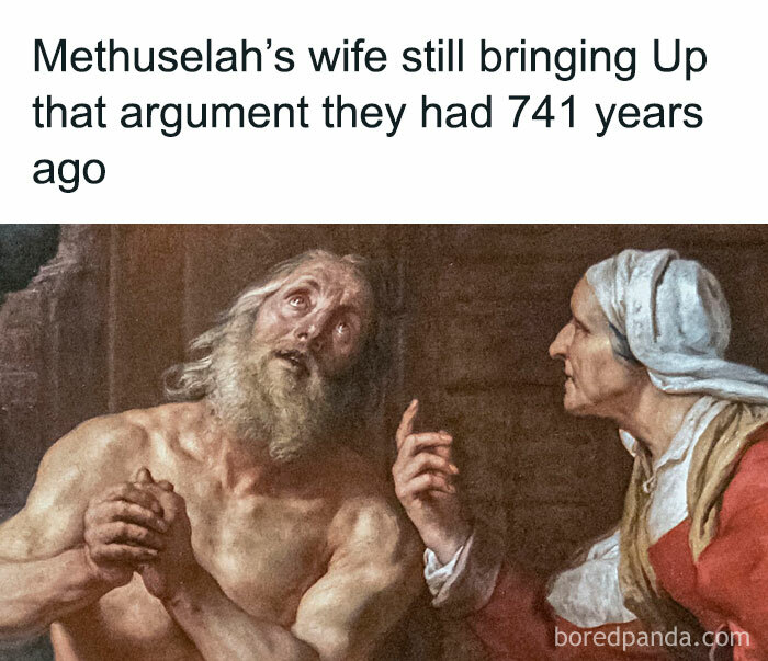 Classic chaotic marriage meme featuring an old couple humorously highlighting long-lasting arguments and relationship struggles.