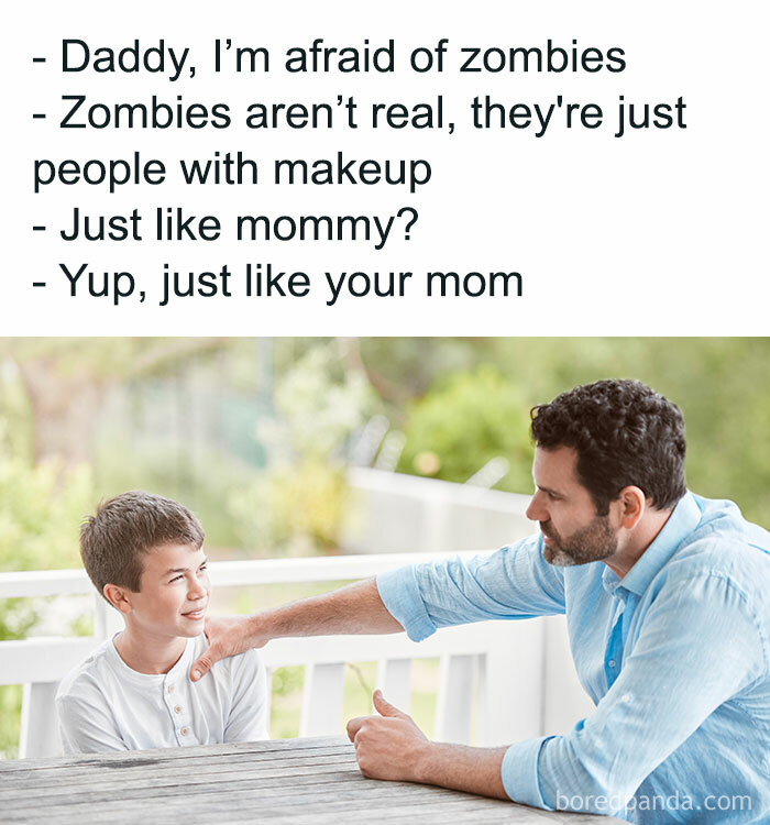 Father joking with son about zombies, illustrating a funny and chaotic marriage meme that captures relationship humor.