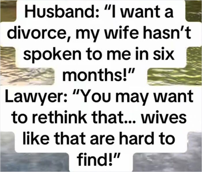 Marriage meme with husband saying he wants a divorce, lawyer advises rethinking since wives like that are hard to find.