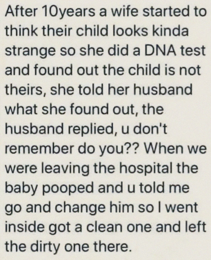 Text meme about marriage chaos where a wife discovers the child isn't theirs after a funny diaper mix-up at the hospital.