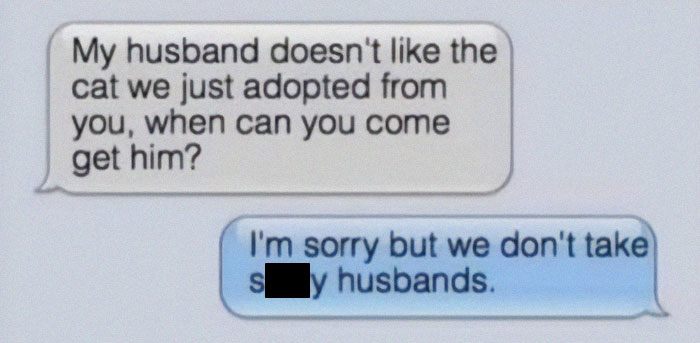 Text message meme showing a sarcastic reply about not taking "silly husbands," highlighting humorous chaotic marriage moments.