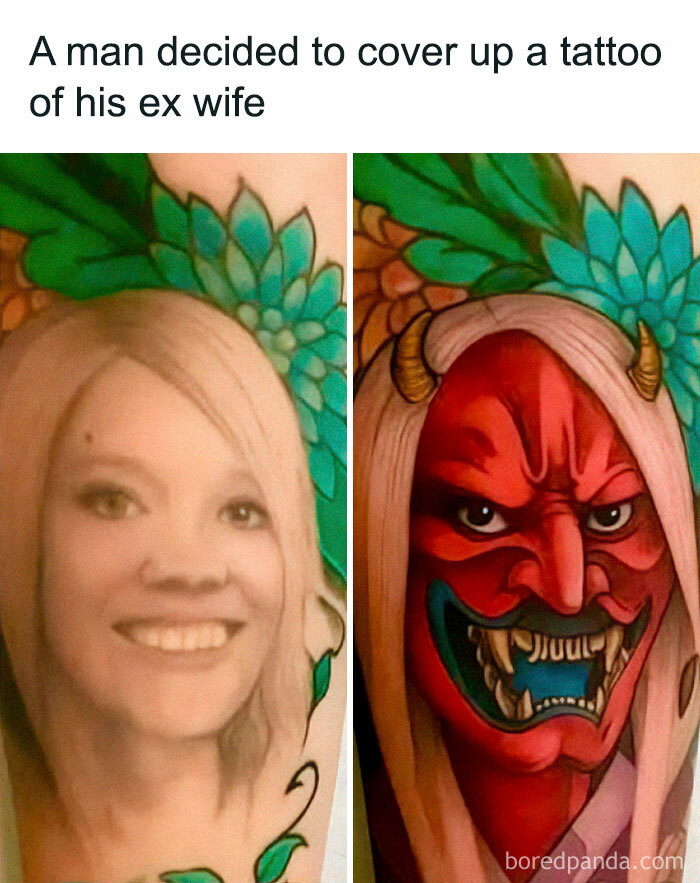 Tattoo cover-up of an ex-wife transformed into a chaotic and funny marriage meme showcasing dramatic change.