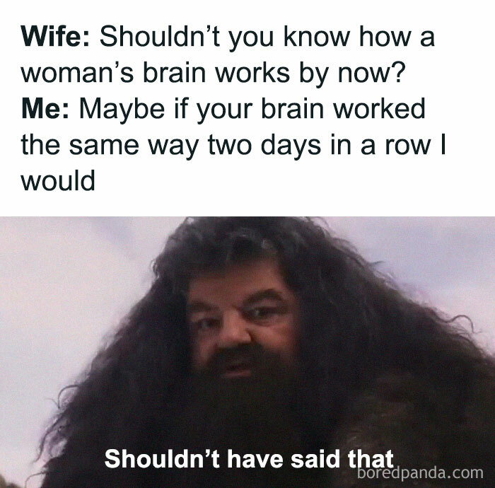 Funny and chaotic marriage meme showing a husband’s witty reply about understanding a woman’s brain and consequences.