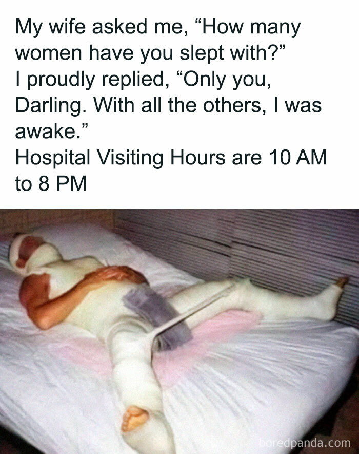 Man fully covered in bandages lying on bed with humorous text, illustrating funny and chaotic marriage memes.