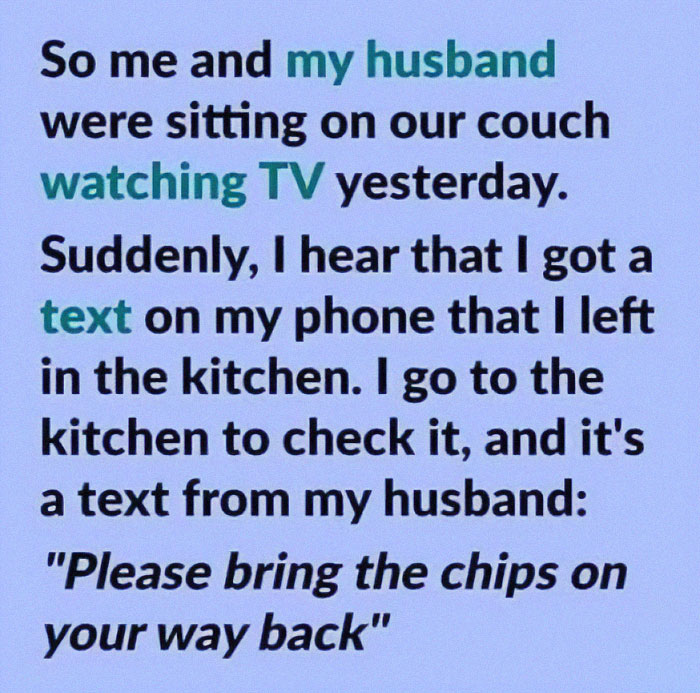 Funny and chaotic marriage meme about receiving a funny text from husband while watching TV together at home.