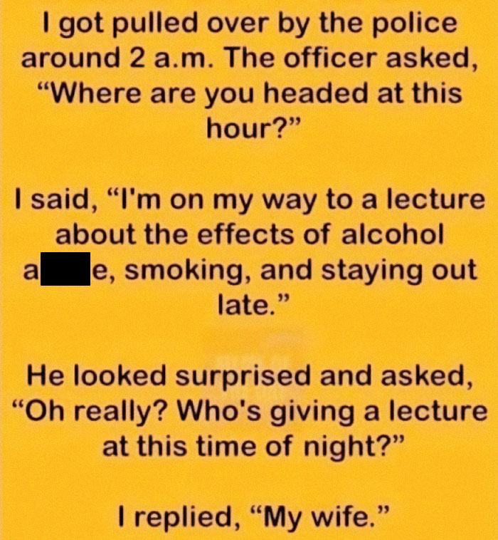 Funny and chaotic marriage meme about late-night lecture on alcohol, smoking, and staying out late given by spouse.