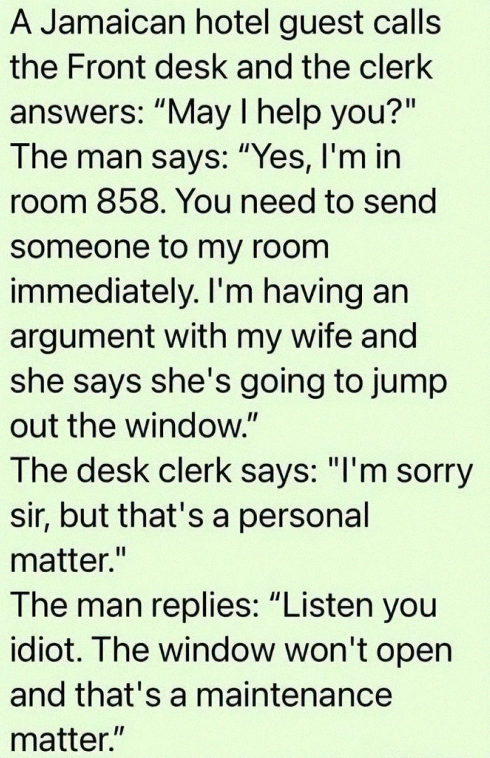 Funny and chaotic marriage meme showing a humorous hotel guest argument that highlights spouse misunderstandings.