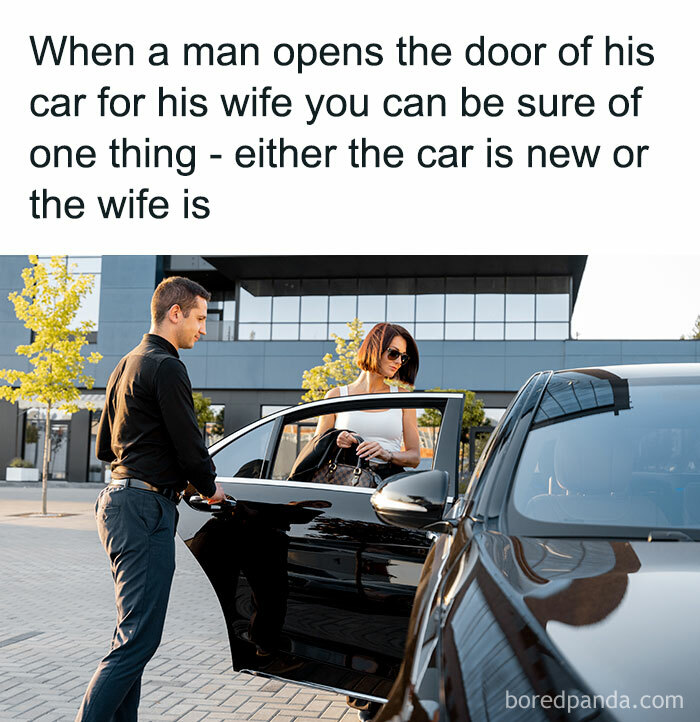 Man opening car door for wife with humorous caption, reflecting funny and chaotic marriage memes about relationships.