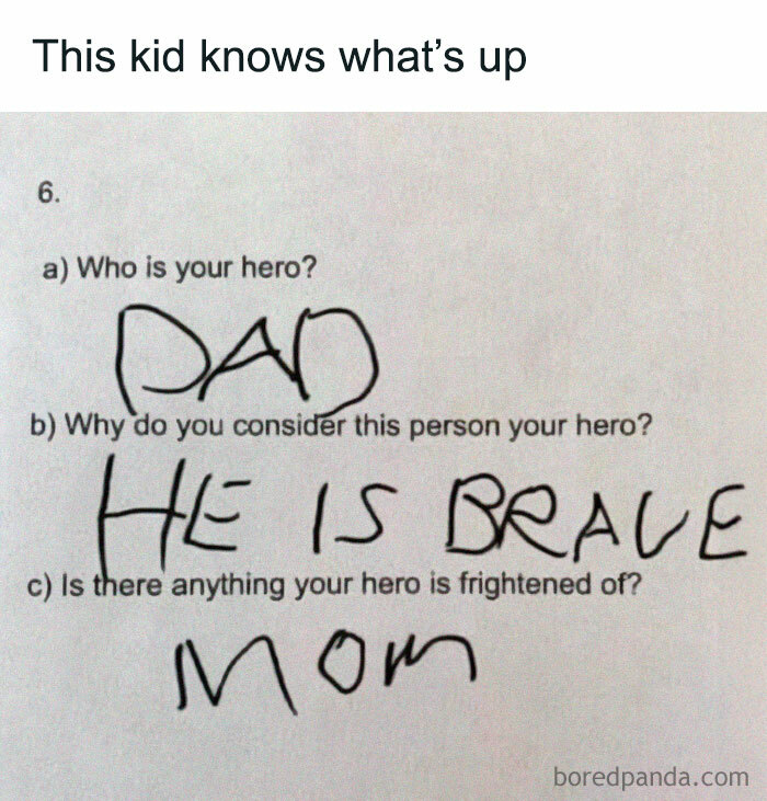 Child's handwritten answers on a quiz showing humor and chaos in marriage memes about family and hero fears.