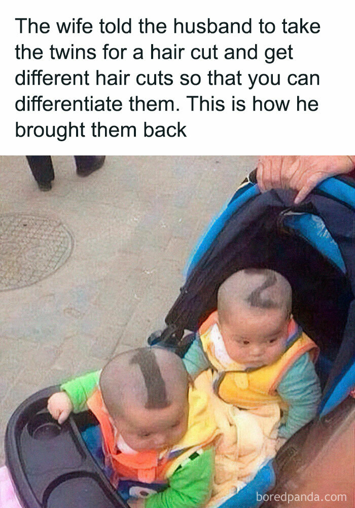 Two twins with numbered haircuts in a stroller, showing a funny and chaotic marriage meme moment.