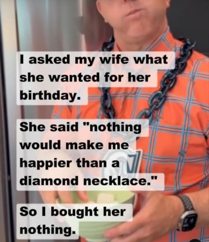 Man in orange plaid shirt holding a bowl with a funny chaotic marriage meme about birthday gifts and diamond necklaces.