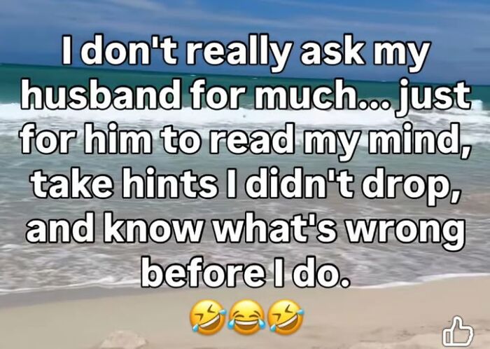 Marriage meme with humorous text about expecting a husband to read minds and understand unspoken hints on a beach background.