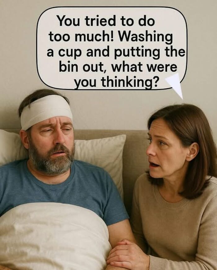 Couple in bed, woman frustratedly talking about chores, funny and chaotic marriage memes reflecting relationship realities.