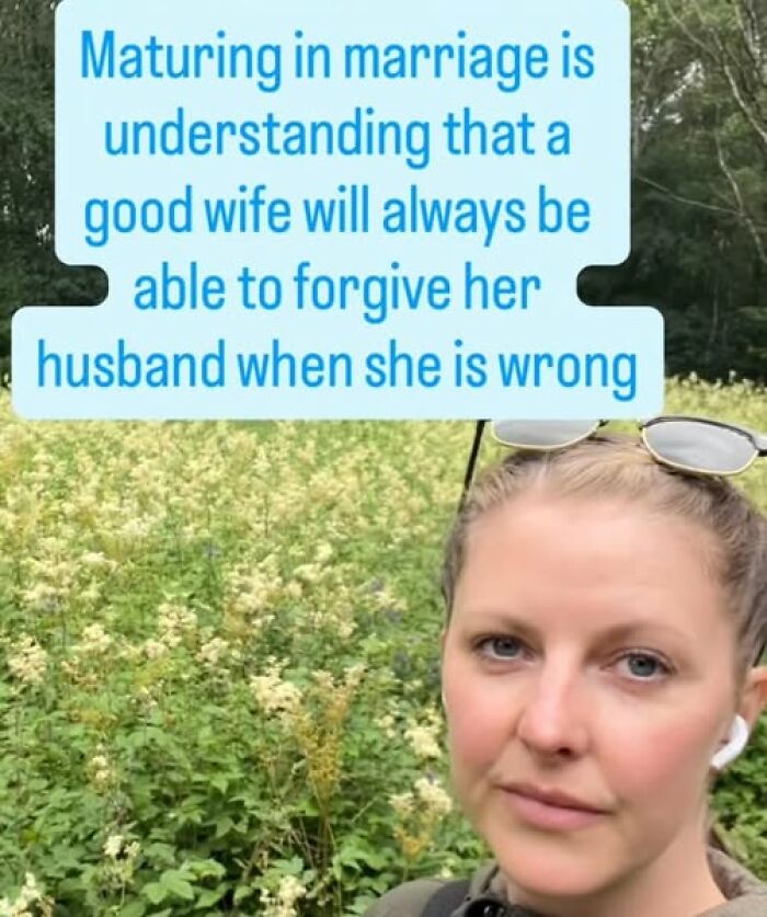 Woman outdoors with glasses on her head and earbuds, meme about marriage and forgiveness in funny and chaotic marriage memes.