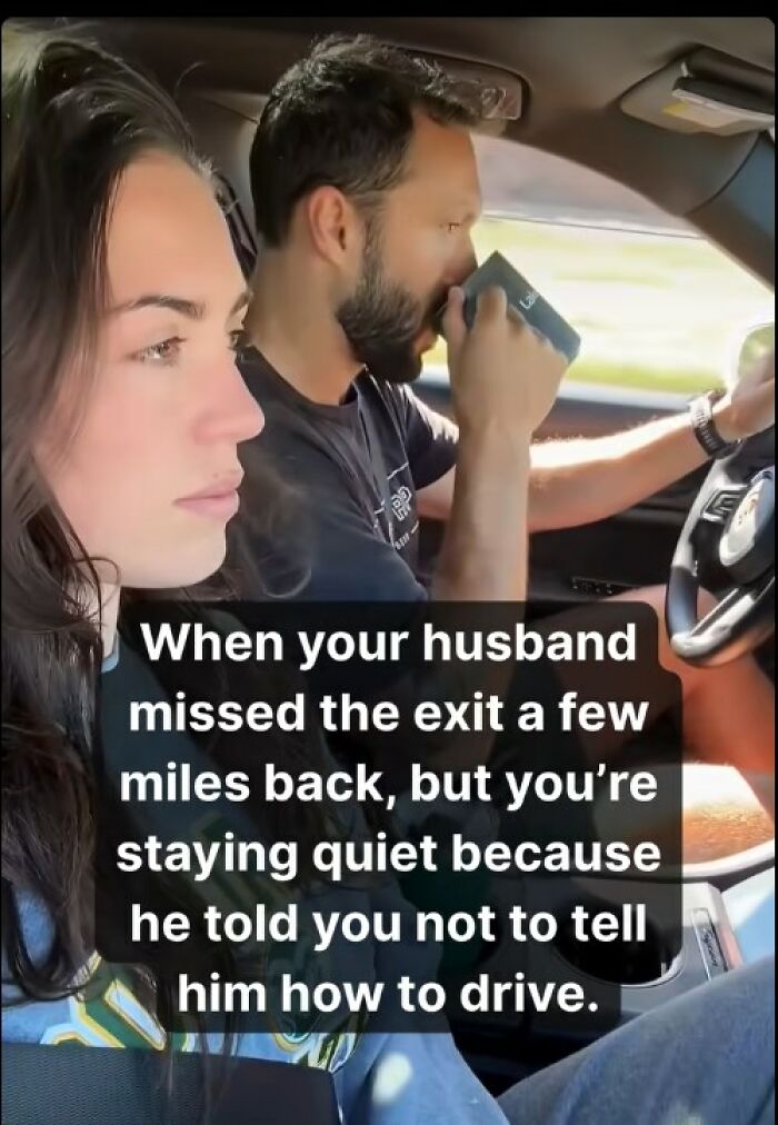Couple in a car with wife annoyed and husband drinking coffee, illustrating funny and chaotic marriage memes humor.