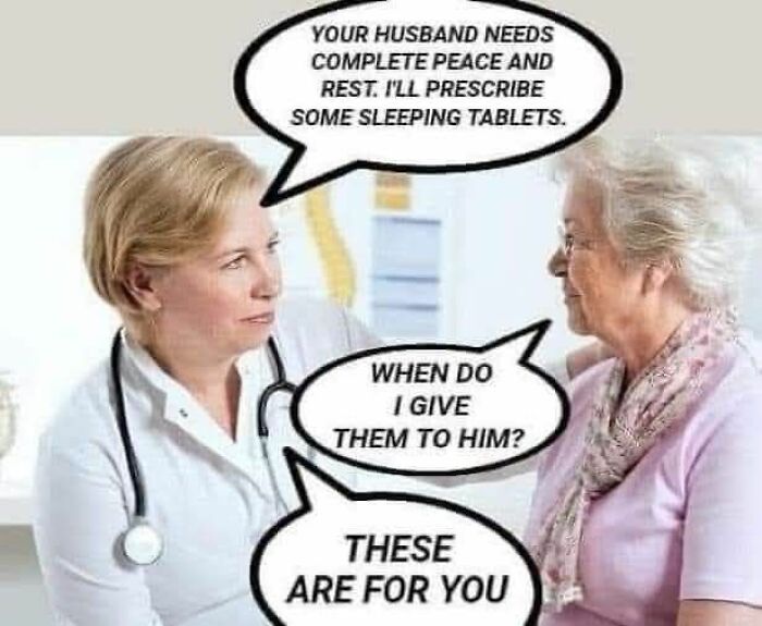 Doctor humorously advising an elderly woman with funny chaotic marriage memes about rest and sleeping tablets in a medical setting.
