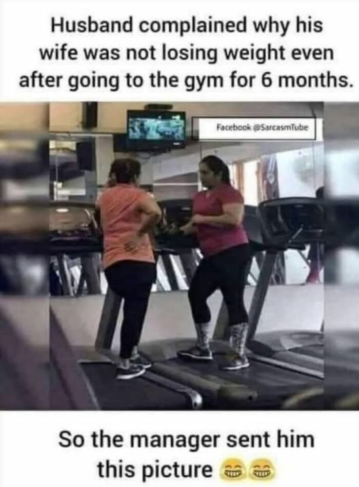 Two women at a gym treadmill with a funny marriage meme about weight loss and chaotic marriage memes.