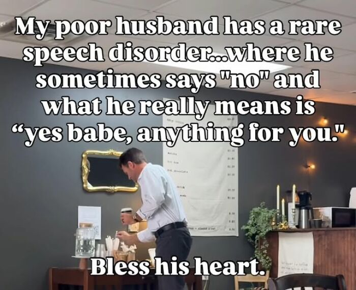Humorous marriage meme about a husband with a speech disorder that means "yes babe" and chaotic marriage moments.
