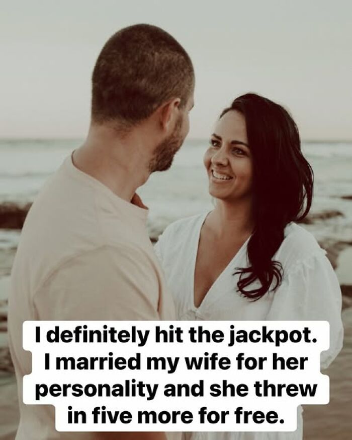 Couple smiling at each other by the beach with a funny chaotic marriage meme about hitting the jackpot with spouse's personality.