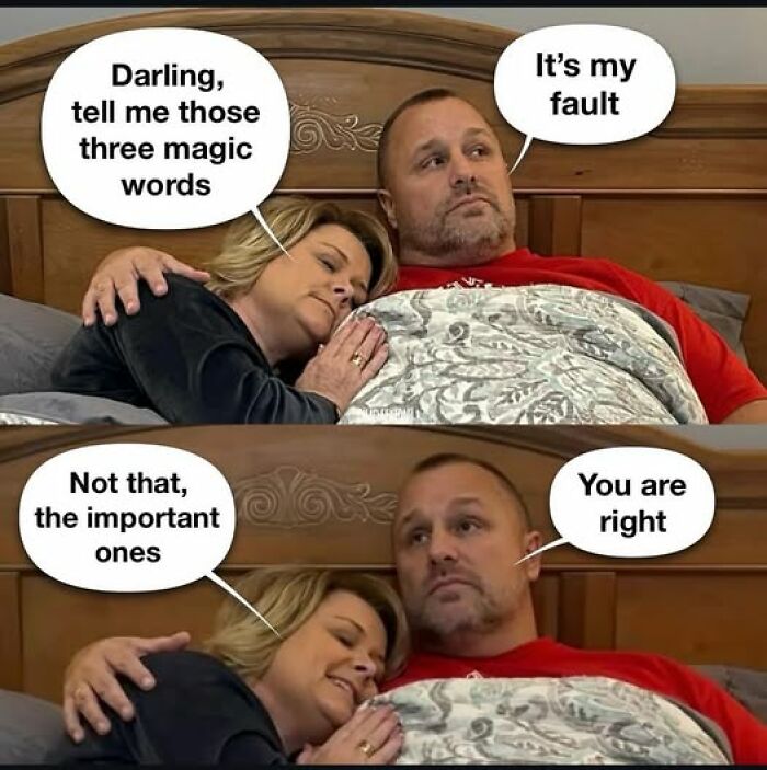 Couple in bed humorously exchanging funny and chaotic marriage memes with speech bubble captions.