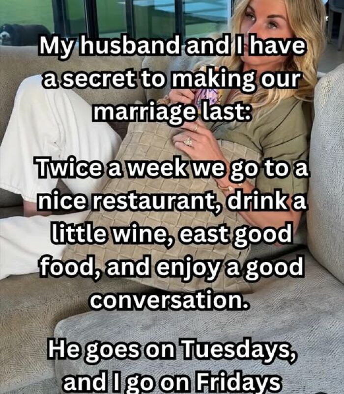 Woman relaxing on a couch holding a pillow with a funny and chaotic marriage meme about marriage secrets.