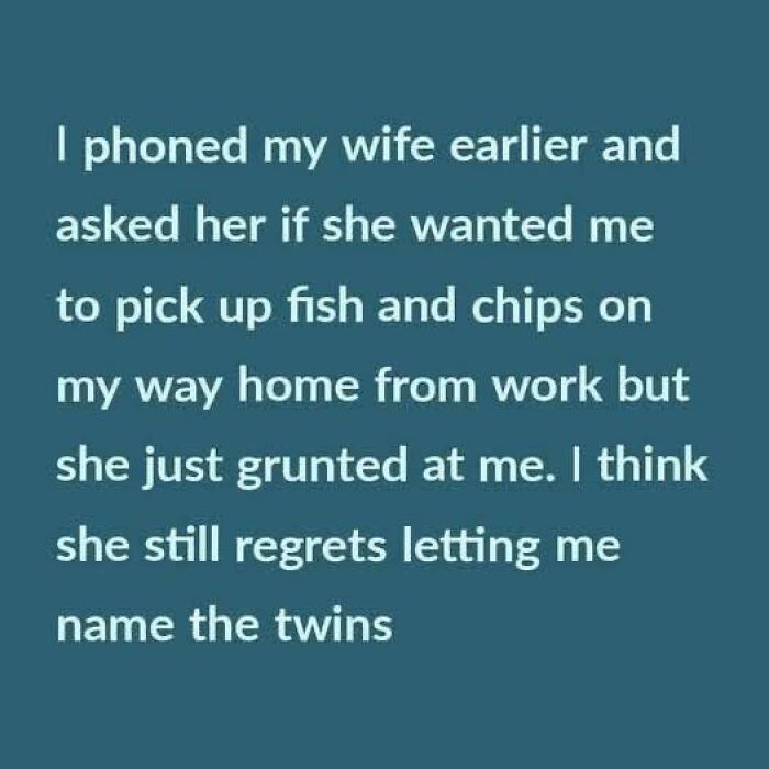 Text meme about marriage humor, joking about a husband asking his wife to pick up food and regretting naming their twins.