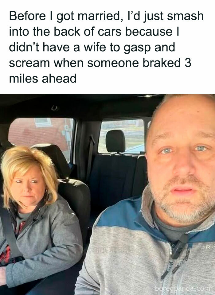 Couple in a car illustrating a funny and chaotic marriage meme about spouse reactions during driving situations.