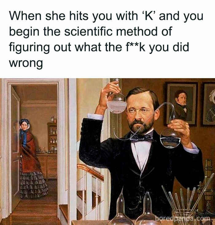 Man in vintage attire conducting a science experiment while a woman watches from a doorway in a funny chaotic marriage meme.