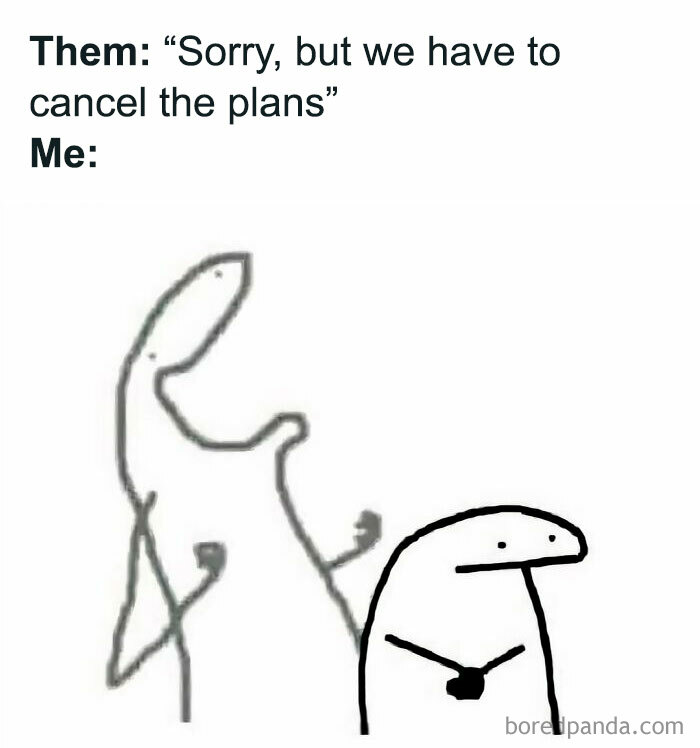 Simple black and white meme showing two abstract figures reacting to canceled plans, perfect for hilarious memes.