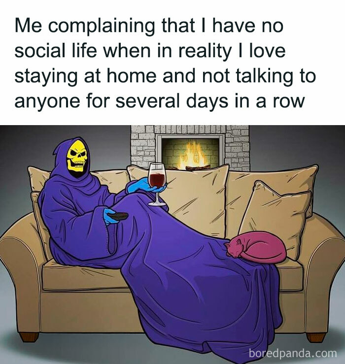 Cartoon character lounging on a couch with wine and remote, illustrating memes for daily dose of laughter and good vibes.