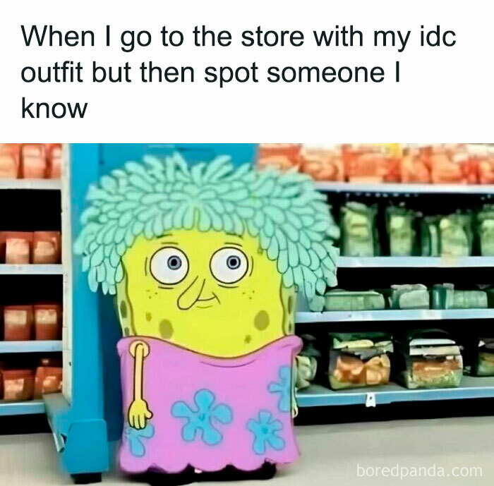Meme of SpongeBob looking awkward in a store, capturing daily dose of laughter and good vibes humor.