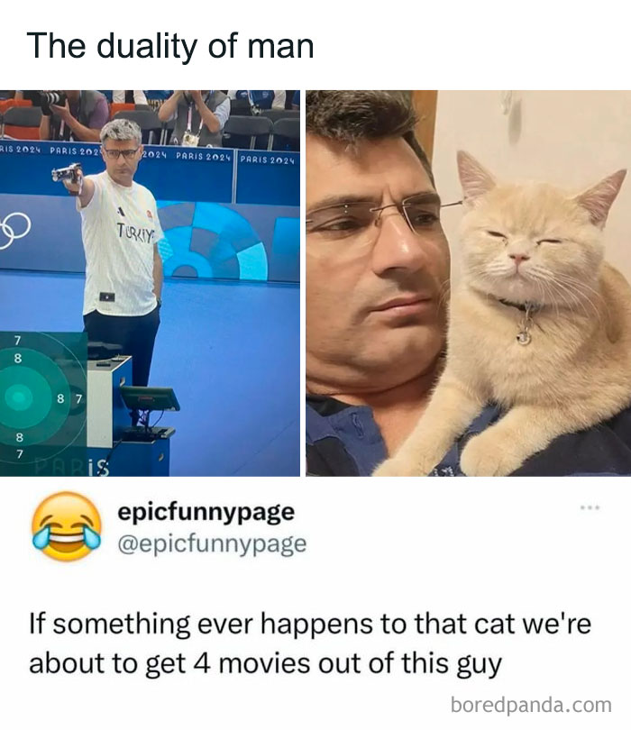 Man aiming a gun in a sport event and the same man with a cat on his shoulder, funny meme to fight boredom.